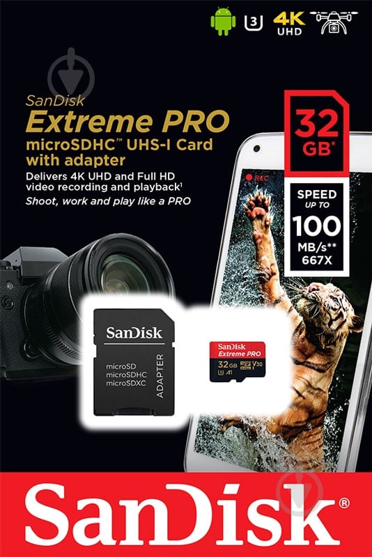 Карта пам'яті SanDisk microSD/microSDHC/microSDXC 32 ГБ UHS-I Class 3 (U3) V30 A1 R100/W90MB/s 4K Extreme Pro + - фото 3 Карта пам'яті SanDisk microSD/microSDHC/microSDXC 32 ГБ UHS-I Class 3 (U3) V30 A1 R100/W90MB/s 4K Extreme Pro + - фото 3