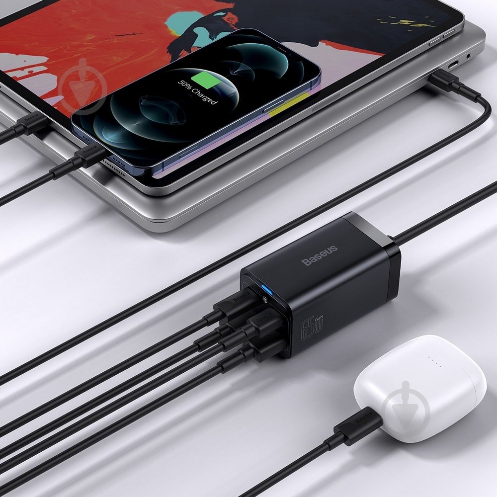 Зарядное устройство BASEUS GaN3 Pro Desktop Fast Charger QC4.0+PD3.0 65W 2 USB + 2 Type-C 3A + кабель Baseus Type-C to Type-C 100W 20V/5A 1 м Black (CCGP040101) - фото 4 Зарядное устройство BASEUS GaN3 Pro Desktop Fast Charger QC4.0+PD3.0 65W 2 USB + 2 Type-C 3A + кабель Baseus Type-C to Type-C 100W 20V/5A 1 м Black (CCGP040101) - фото 4