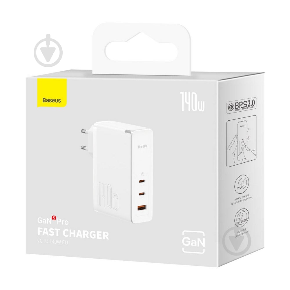 Зарядное устройство BASEUS GaN5 Pro 140W (2 x Type-C + USB) + Кабель Type-C + Type-C) White - фото 4 Зарядное устройство BASEUS GaN5 Pro 140W (2 x Type-C + USB) + Кабель Type-C + Type-C) White - фото 4