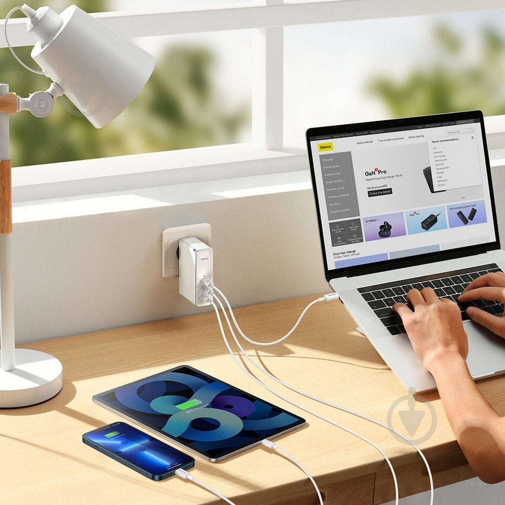 Зарядное устройство BASEUS GaN5 Pro 140W (2 x Type-C + USB) + Кабель Type-C + Type-C) White - фото 7 Зарядное устройство BASEUS GaN5 Pro 140W (2 x Type-C + USB) + Кабель Type-C + Type-C) White - фото 7