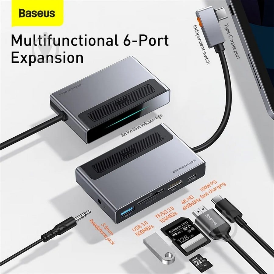 USB-хаб BASEUS Magic Multifunctional Type-C HUB with a Retractable Clip Standard Edition Space Gray (CAHUB-DA0G) - фото 7