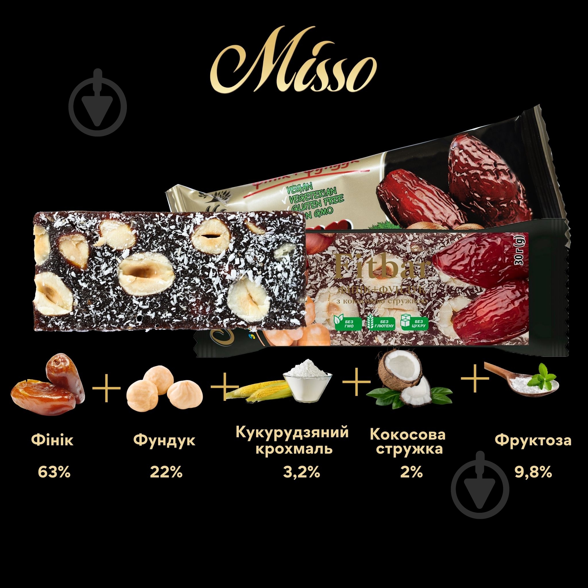 Снеки Misso Fitbar Финик+Фундук 30 г - фото 2 Снеки Misso Fitbar Финик+Фундук 30 г - фото 2