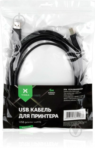 Кабель Vinga USB Am – USB Bm 5 м черный (VCPUSBAMBM5BK) - фото 4
