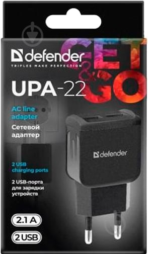 Сетевое зарядное устройство Defender UPA-22 черный 2xUSB 2.1А 83579 - фото 4