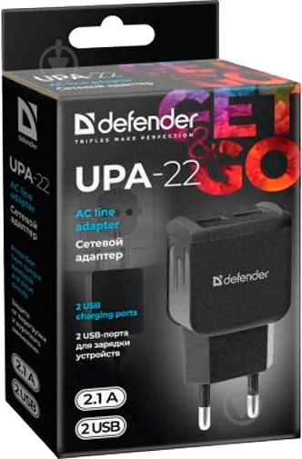 Сетевое зарядное устройство Defender UPA-22 черный 2xUSB 2.1А 83579 - фото 3
