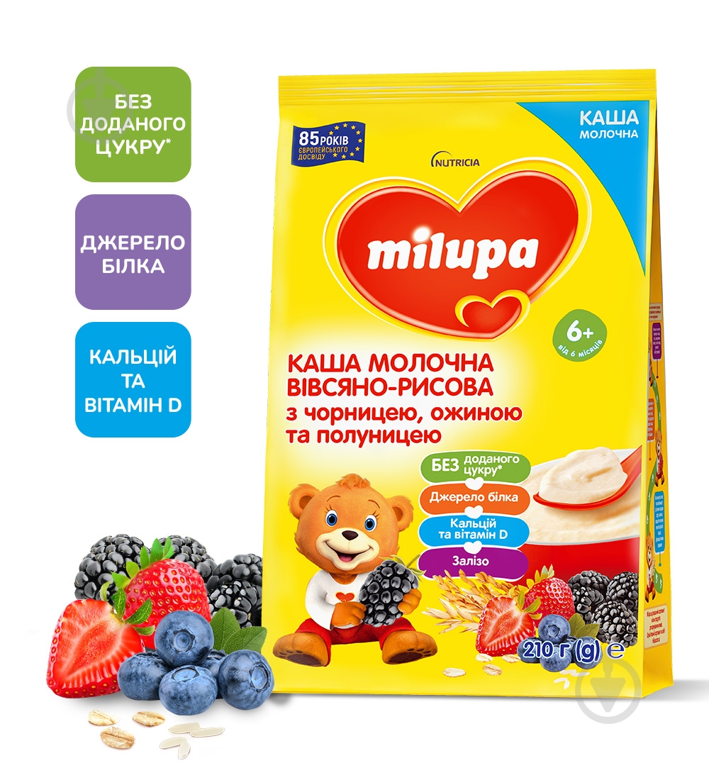 Каша молочна Milupa від 6 місяців вівсяно-рисова з чорницею ожиною та полуницею 210 г 210 г - фото 1