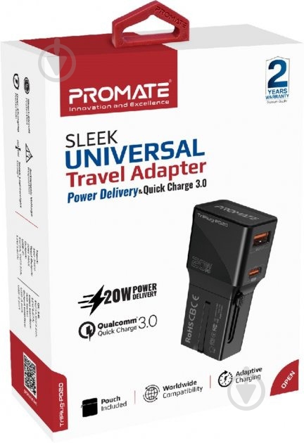 Сетевое зарядное устройство Promate TriPlug-PD20 USB-C PD+USB-A QC и EU/US/UK/AUS штекер Black (triplug-pd20.black) - фото 5 Сетевое зарядное устройство Promate TriPlug-PD20 USB-C PD+USB-A QC и EU/US/UK/AUS штекер Black (triplug-pd20.black) - фото 5