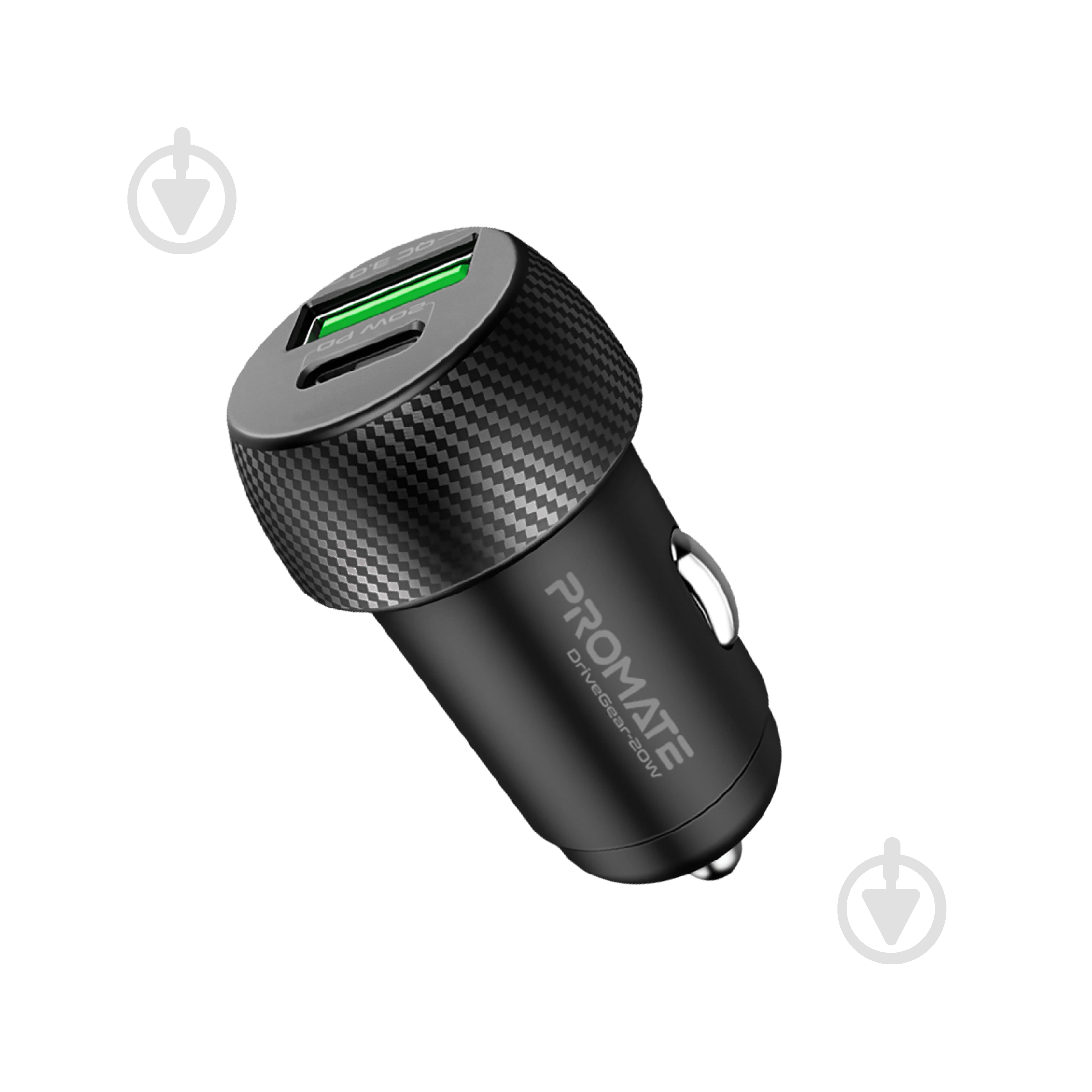 Автомобільний зарядний пристрій Promate DriveGear-20W PD USB-C + QC 3.0 USB-A Black (drivegear-20w.black) - фото 1