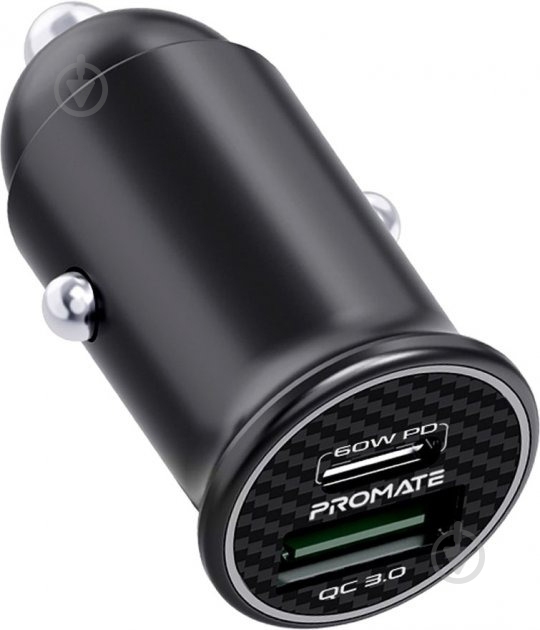 Автомобильное зарядное устройство Promate Bullet-PD60 Вт USB-C + 18 Вт QC 3.0 USB-A Black (bullet-pd60.black) - фото 1 Автомобильное зарядное устройство Promate Bullet-PD60 Вт USB-C + 18 Вт QC 3.0 USB-A Black (bullet-pd60.black) - фото 1