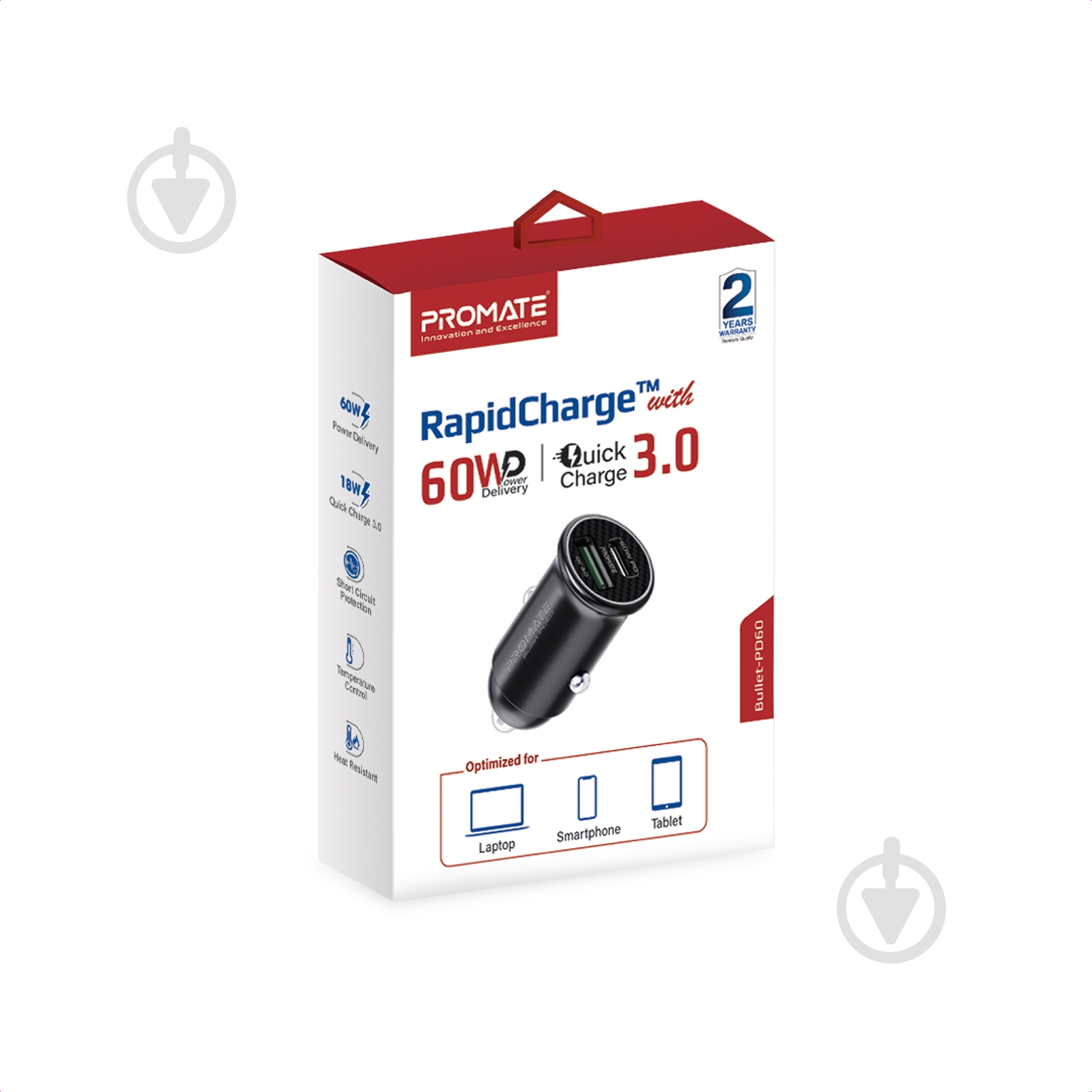 Автомобильное зарядное устройство Promate Bullet-PD60 Вт USB-C + 18 Вт QC 3.0 USB-A Black (bullet-pd60.black) - фото 6 Автомобильное зарядное устройство Promate Bullet-PD60 Вт USB-C + 18 Вт QC 3.0 USB-A Black (bullet-pd60.black) - фото 6