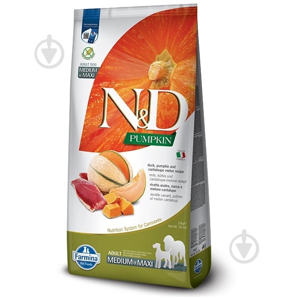 Корм сухий беззерновий Farmina Pumpkin Duck&Cantaloupe Adult для собак середніх та великих порід з качкою та динею 12 кг - фото 1 Корм сухий беззерновий Farmina Pumpkin Duck&Cantaloupe Adult для собак середніх та великих порід з качкою та динею 12 кг - фото 1