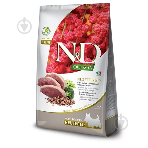 Корм сухой Farmina N&D Quinoa Duck, Brocooli & Asparagus Neutered утка, киноа, брокколи и спаржа 2,5 кг - фото 1 Корм сухой Farmina N&D Quinoa Duck, Brocooli & Asparagus Neutered утка, киноа, брокколи и спаржа 2,5 кг - фото 1