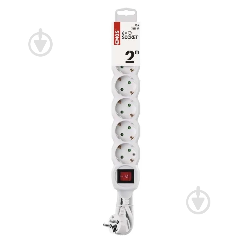 Подовжувач з вимикачем Emos 1 мм² 10A 2300 Вт із заземленням 6 гн. білий 2 м P1622 - фото 2