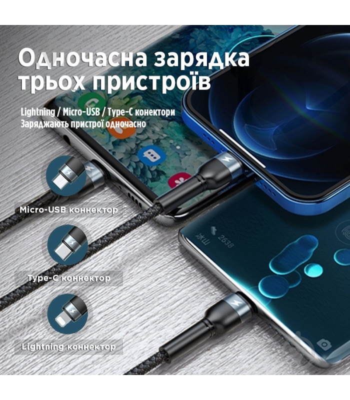 Кабель Remax Jany Series 3в1 USB to Type-C/Lightning/Micro-USB 1,2 м серый (RC-124th) - фото 3