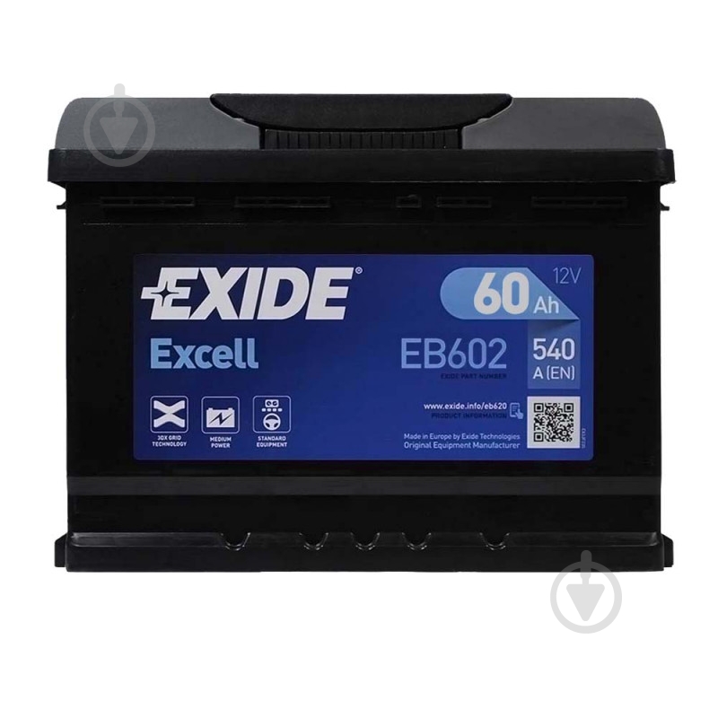 Аккумулятор автомобильный EXIDE 60Ah 540A 12V «+» справа (EB602) - фото 1