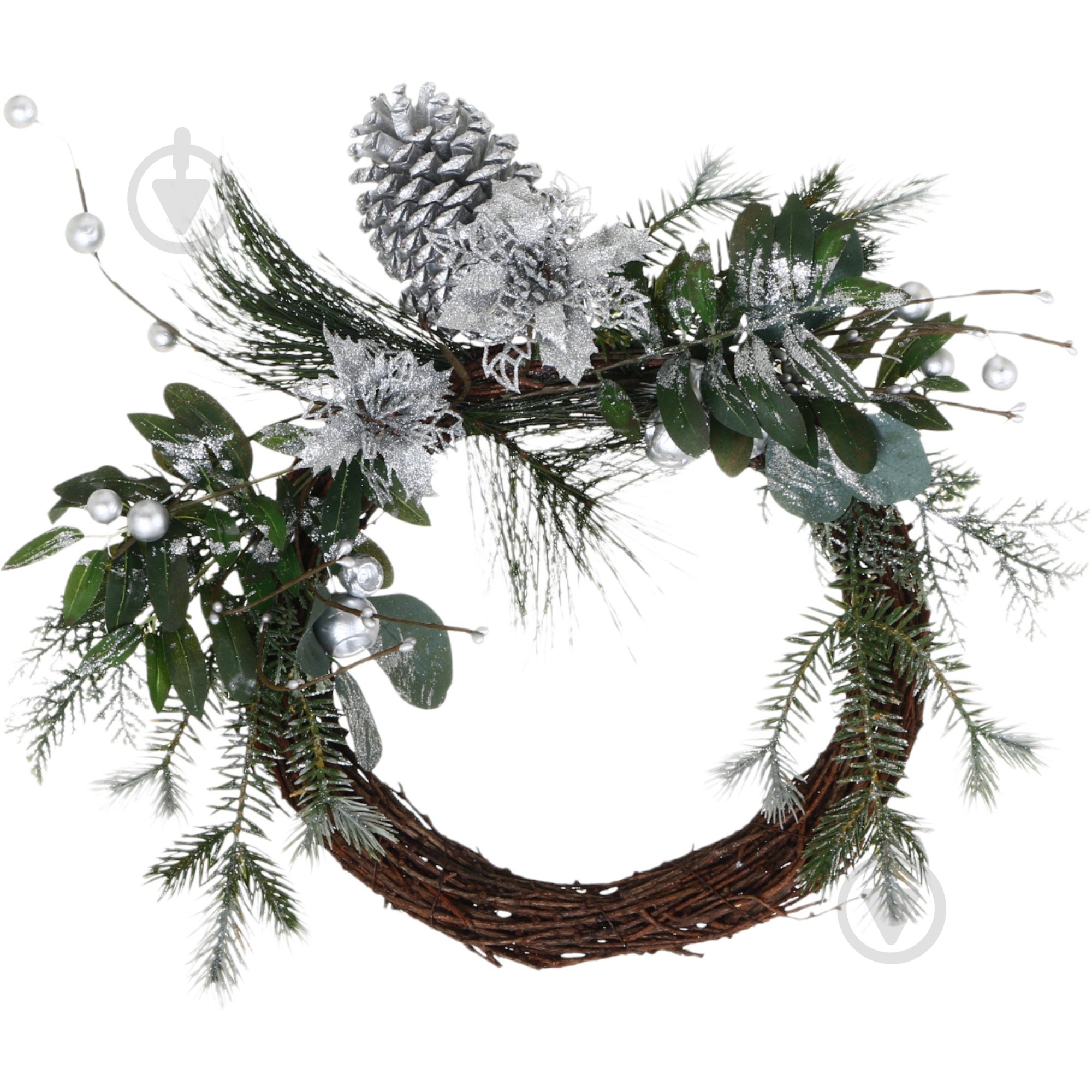 Вінок хвойний мікс з ягодами і шишками квіткою ротанг біло-срібний d400 мм A3-58289 - фото 1 Вінок хвойний мікс з ягодами і шишками квіткою ротанг біло-срібний d400 мм A3-58289 - фото 1