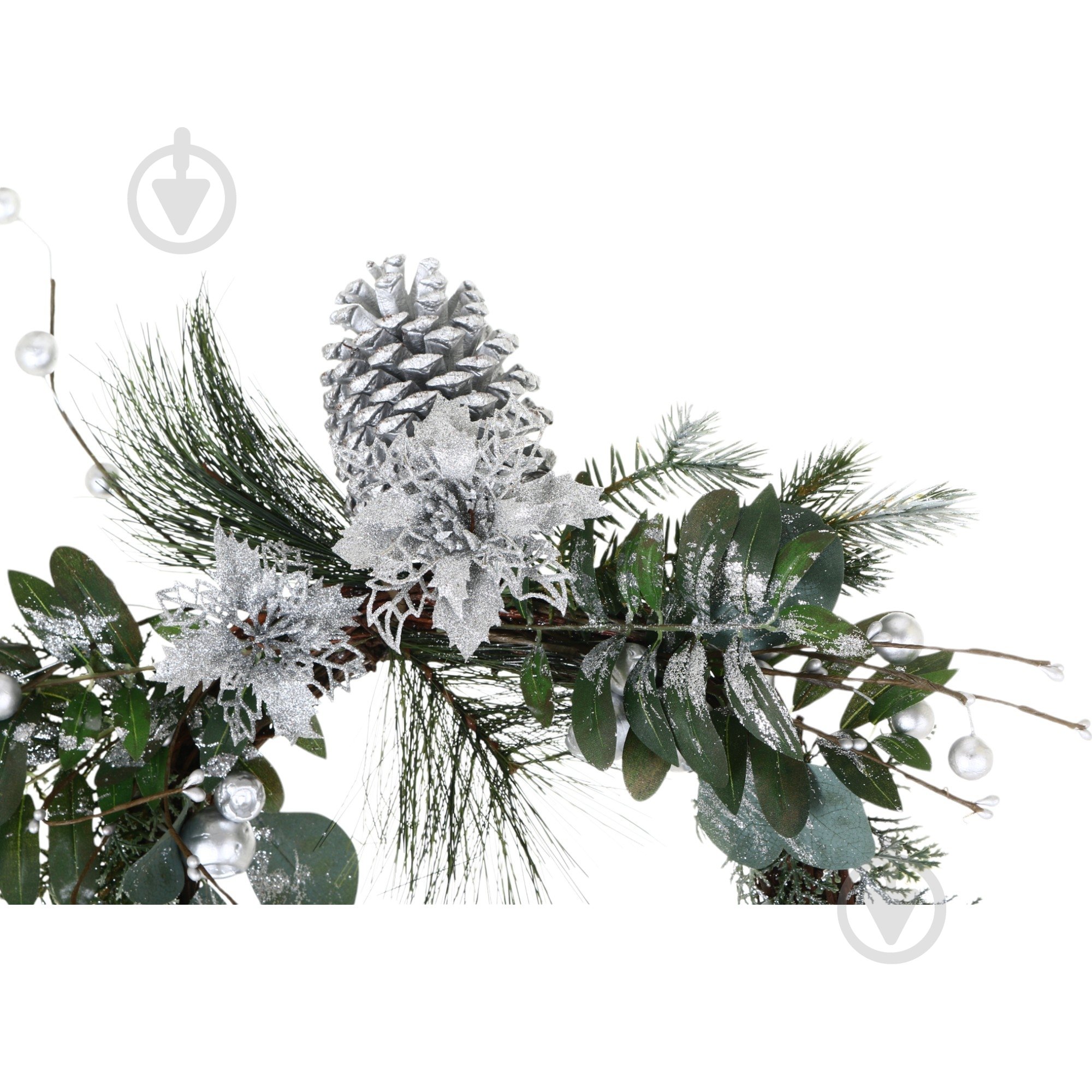 Вінок хвойний мікс з ягодами і шишками квіткою ротанг біло-срібний d400 мм A3-58289 - фото 2 Вінок хвойний мікс з ягодами і шишками квіткою ротанг біло-срібний d400 мм A3-58289 - фото 2