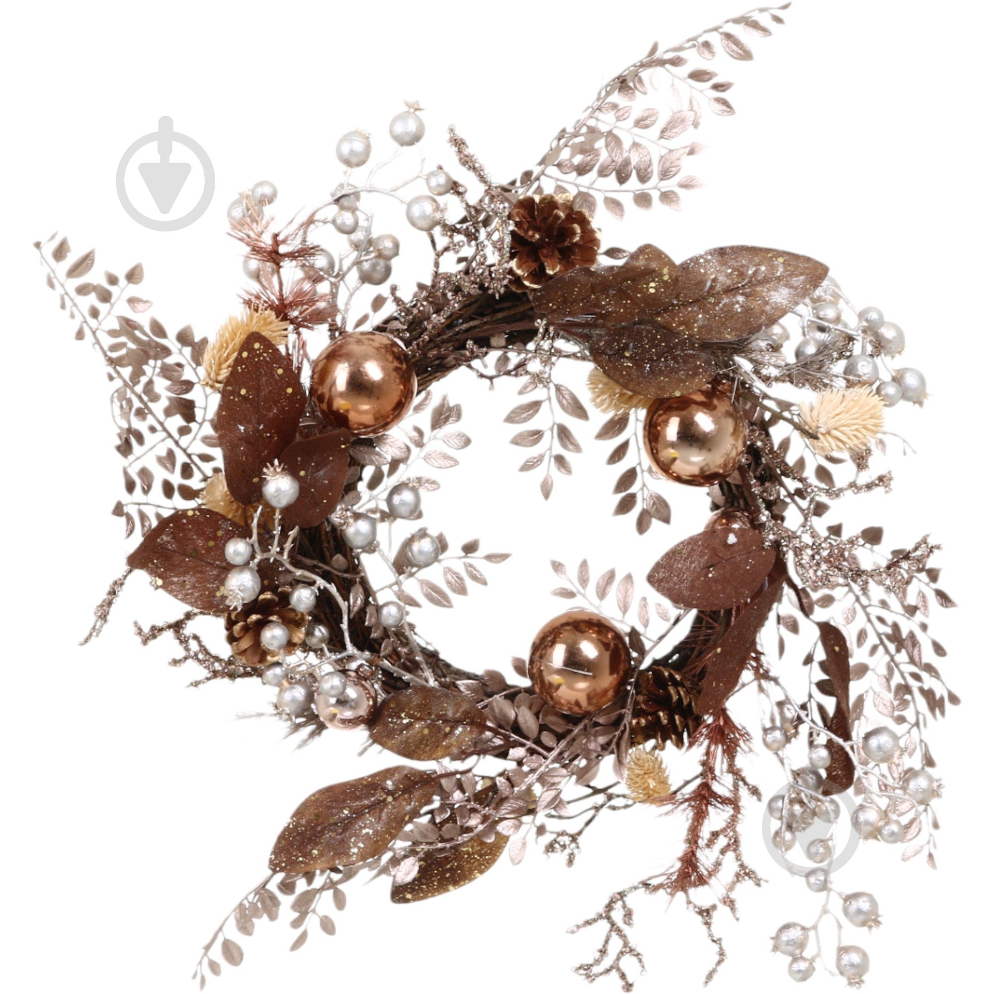 Венок хвойный декорированный веточками ягодами шарами коричнево-розовый d450 мм A3-59530 - фото 1