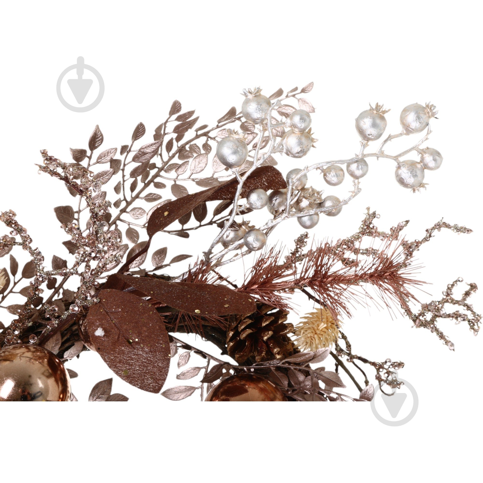 Венок хвойный декорированный веточками ягодами шарами коричнево-розовый d450 мм A3-59530 - фото 2