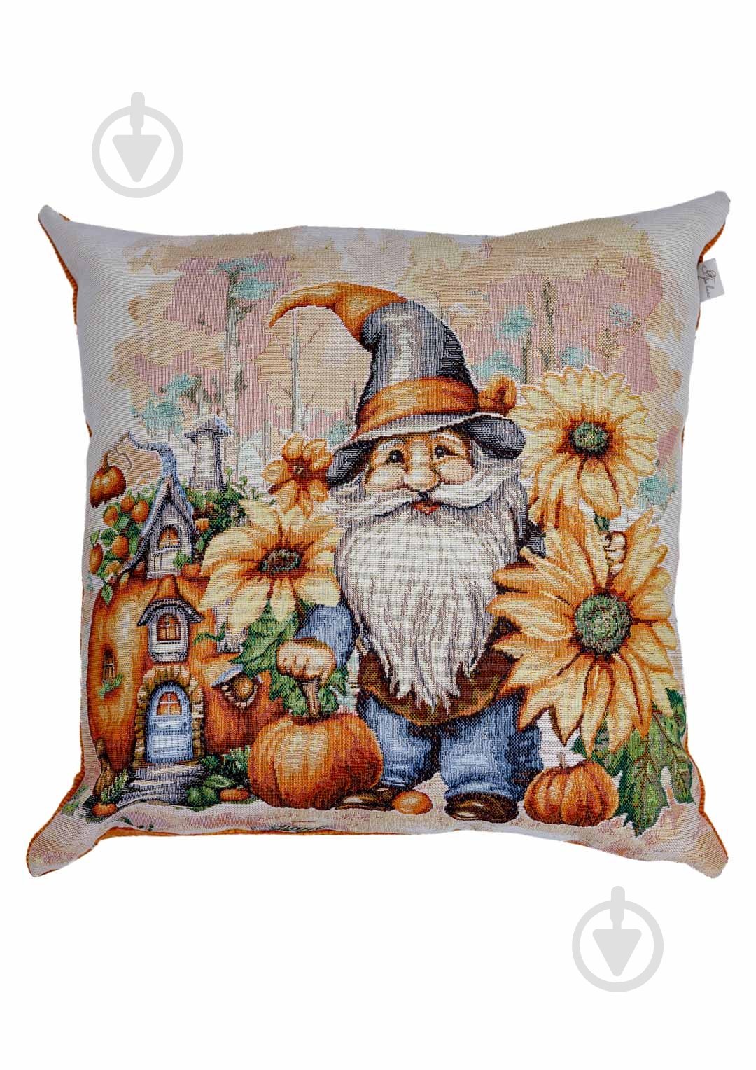 Подушка декоративна гобеленова гарбузові гноми з гарбузовим будиночком 45x45 см беж з оливково-жовтим Прованс - фото 1 Подушка декоративна гобеленова гарбузові гноми з гарбузовим будиночком 45x45 см беж з оливково-жовтим Прованс - фото 1