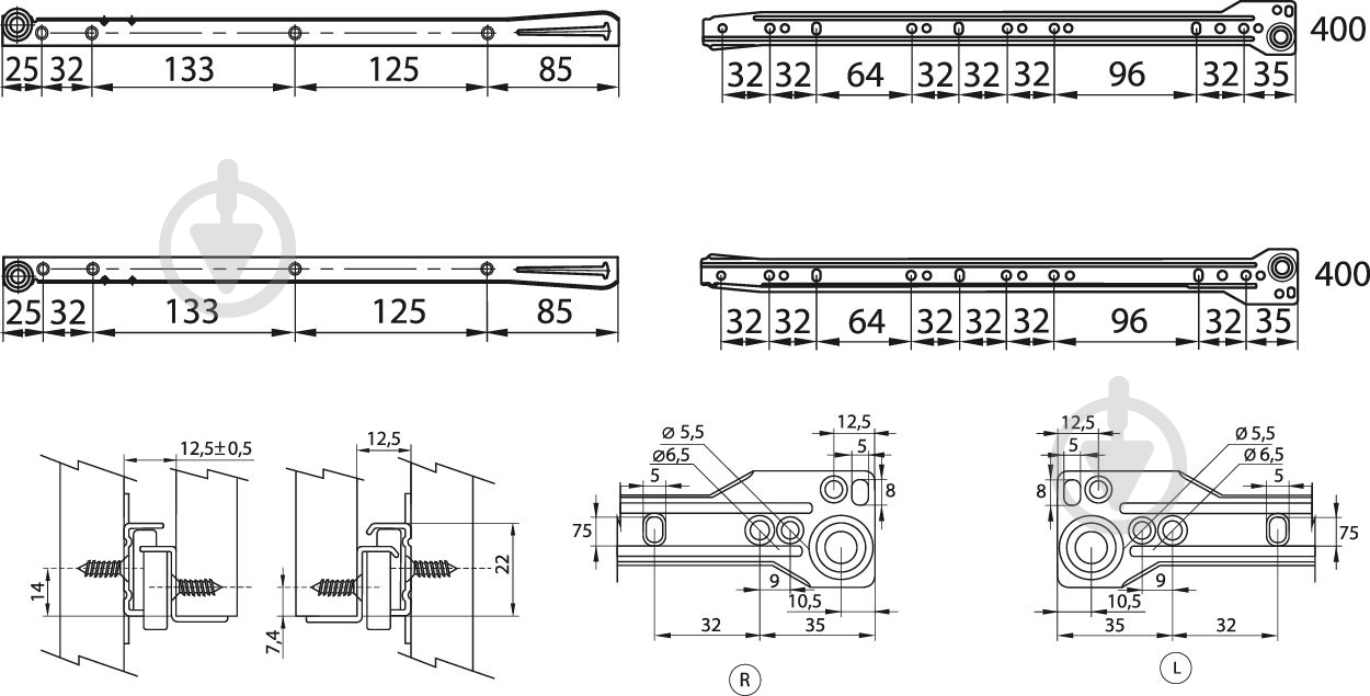 Комплект направляющих DC 400 мм роликовые черные 87203 - фото 2