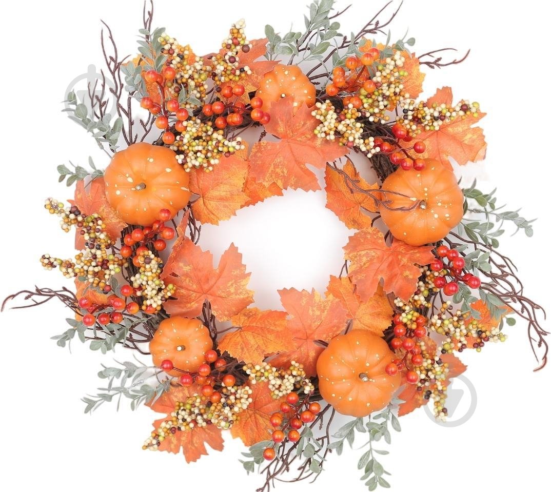 Декорация осенняя венок с тыквами и ягодами 50 см - фото 1 Декорация осенняя венок с тыквами и ягодами 50 см - фото 1
