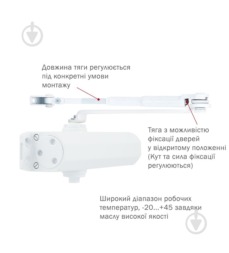 Доводчик дверной RYOBI DS-2055V BC STD_HO с фиксацией и ветровым тормозом белый 100 кг - фото 2