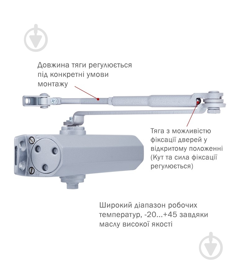 Доводчик дверний RYOBI DS-2055V BC STD_HO з фіксацією і вітровим гальмом сірий 100 кг - фото 2