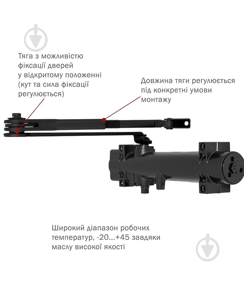 Доводчик дверной RYOBI DS-4550 BC/DA STD_HO с фиксацией, ветровым тормозом, тормозом закрывания черный 200 кг - фото 3