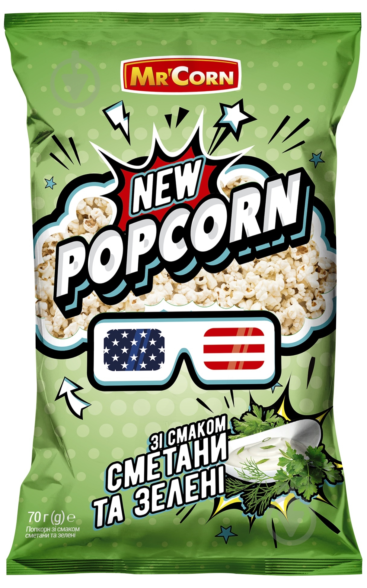 Попкорн Mr'Corn зі смаком сметани та зелені 70 г - фото 1 Попкорн Mr'Corn зі смаком сметани та зелені 70 г - фото 1