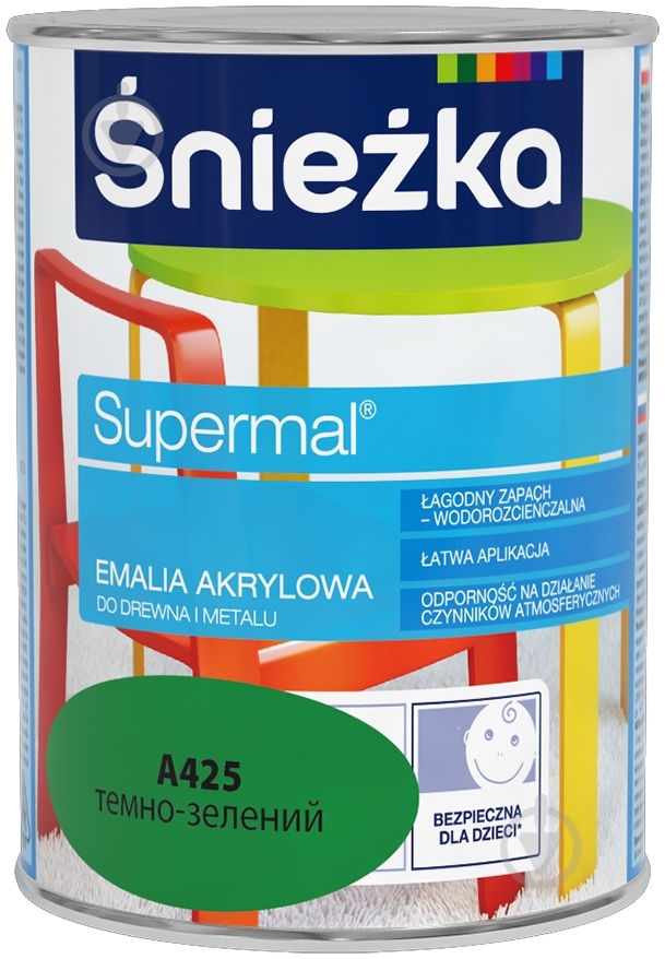Емаль Sniezka акрилова водорозчинна Supermal темно-зелений шовковистий глянець 0,8 л - фото 1