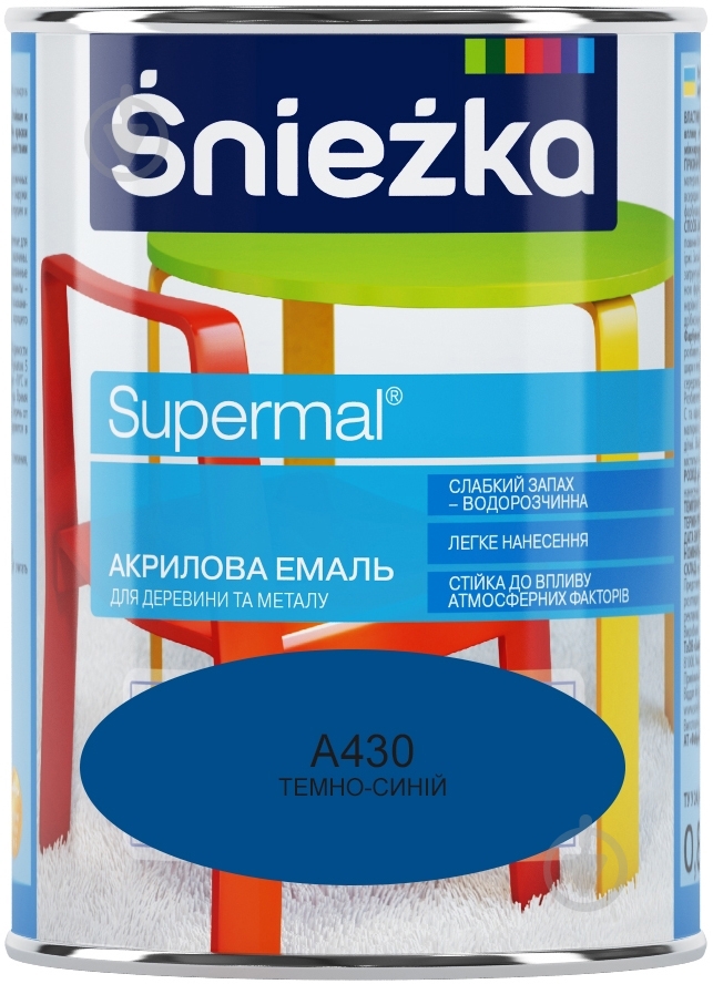 Емаль Sniezka акрилова водорозчинна Supermal небесний темний шовковистий глянець 0,8 л - фото 1