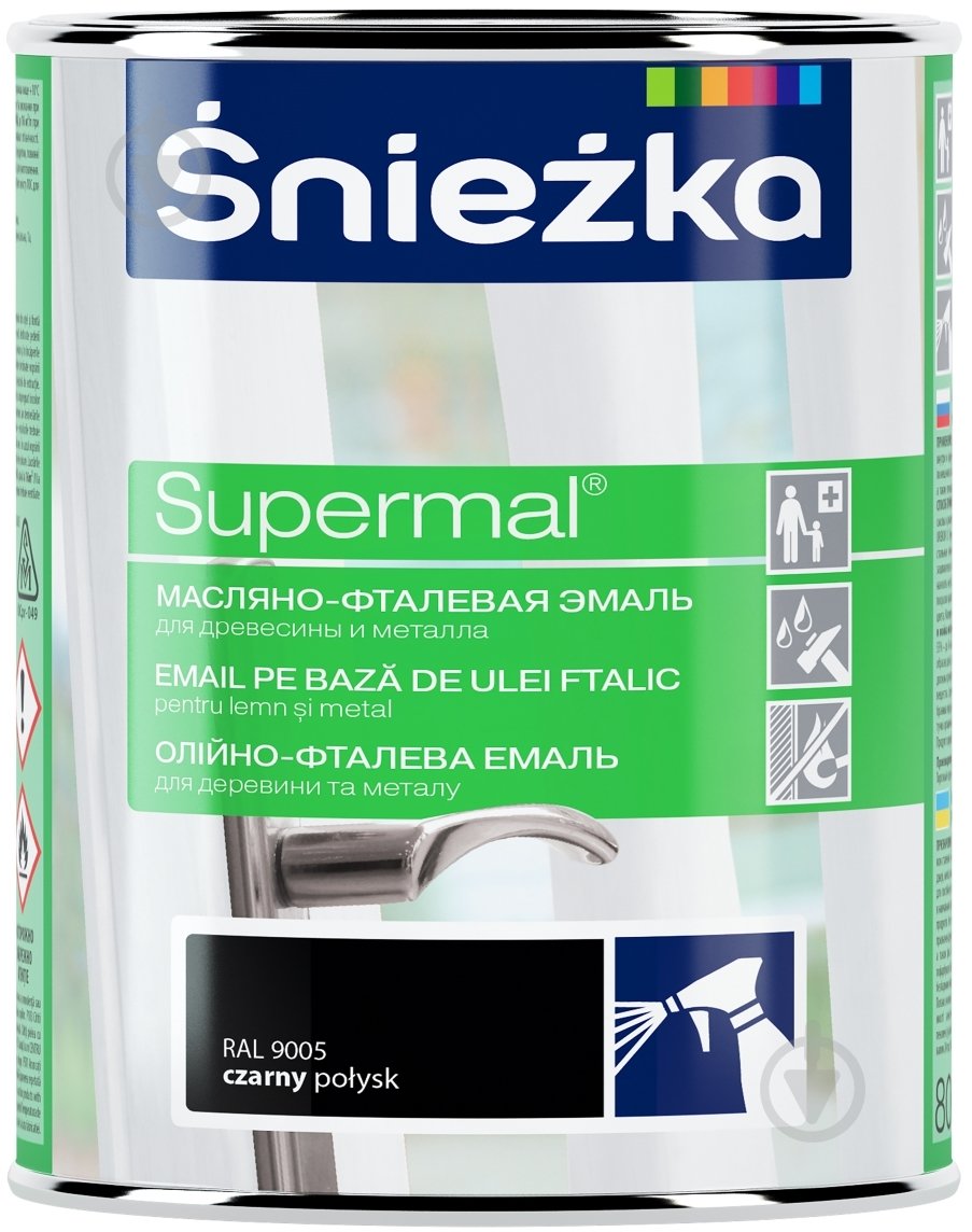 Емаль Sniezka олійно-фталева Supermal чорний глянець 0,8 л - фото 1