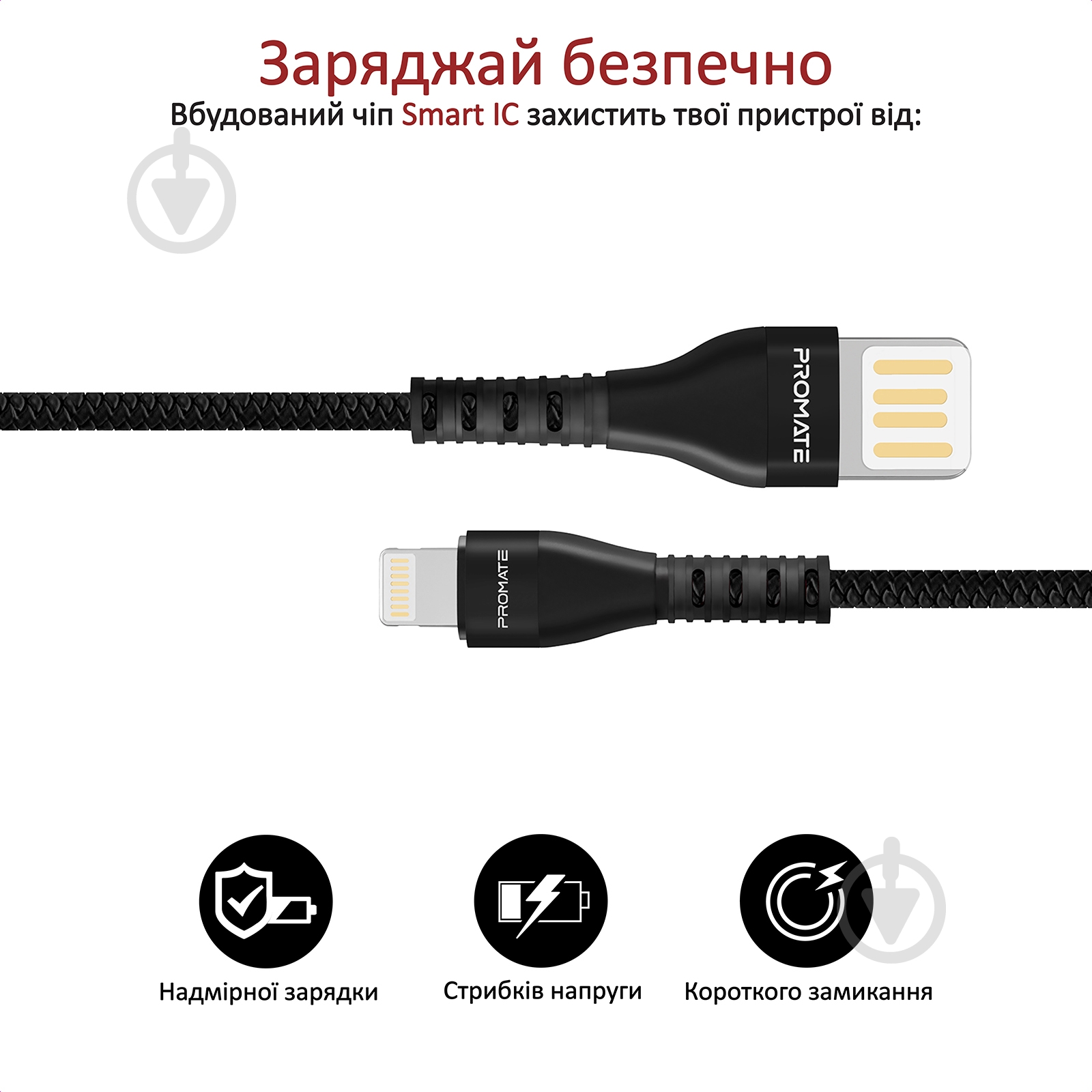 Кабель Promate Vigoray-I USB-Lightning 2А 1,2 м черный (vigoray-i.black) - фото 5