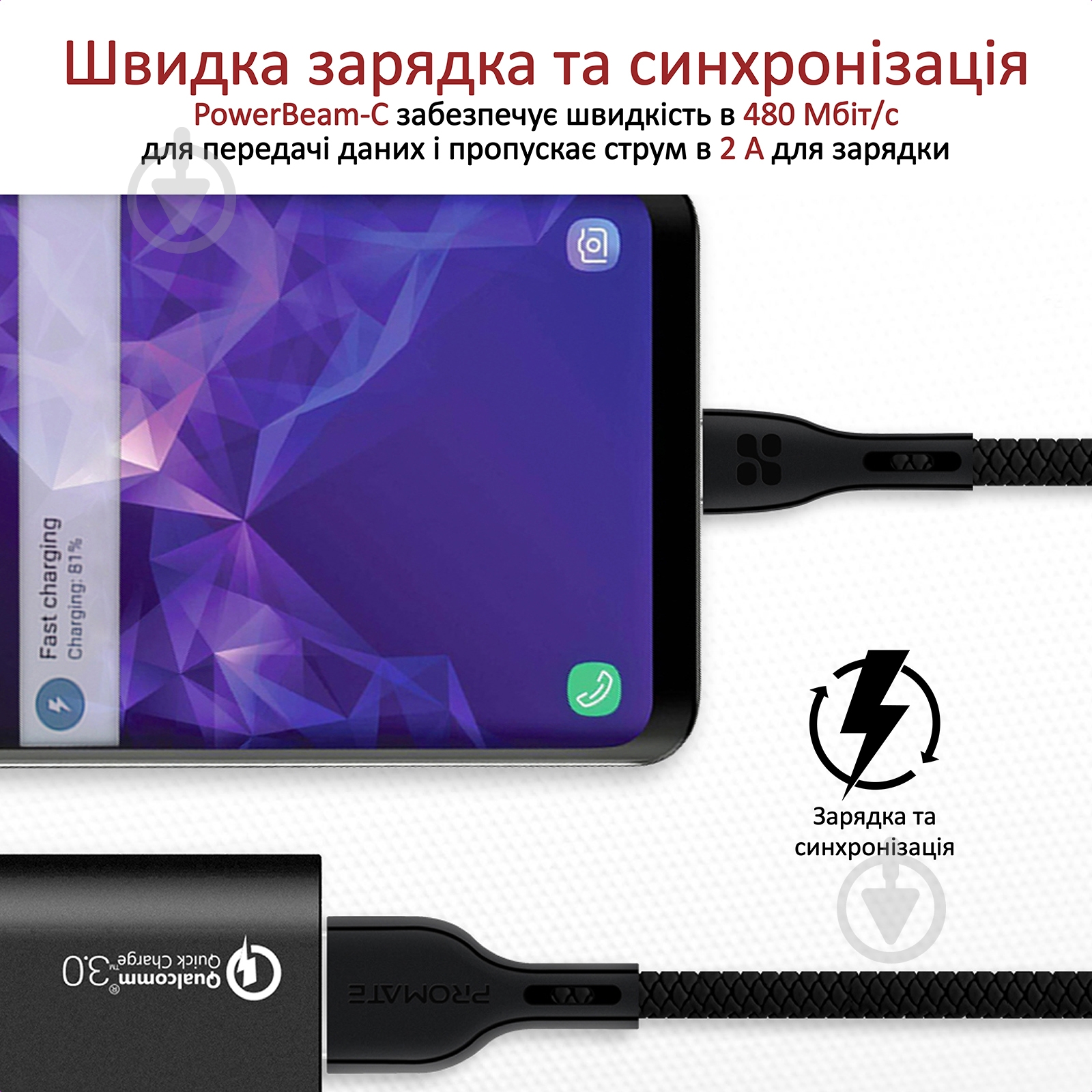 Кабель Promate PowerBeam-C USB-USB Type-C 2А 1,2 м черный (powerbeam-c.black) - фото 2