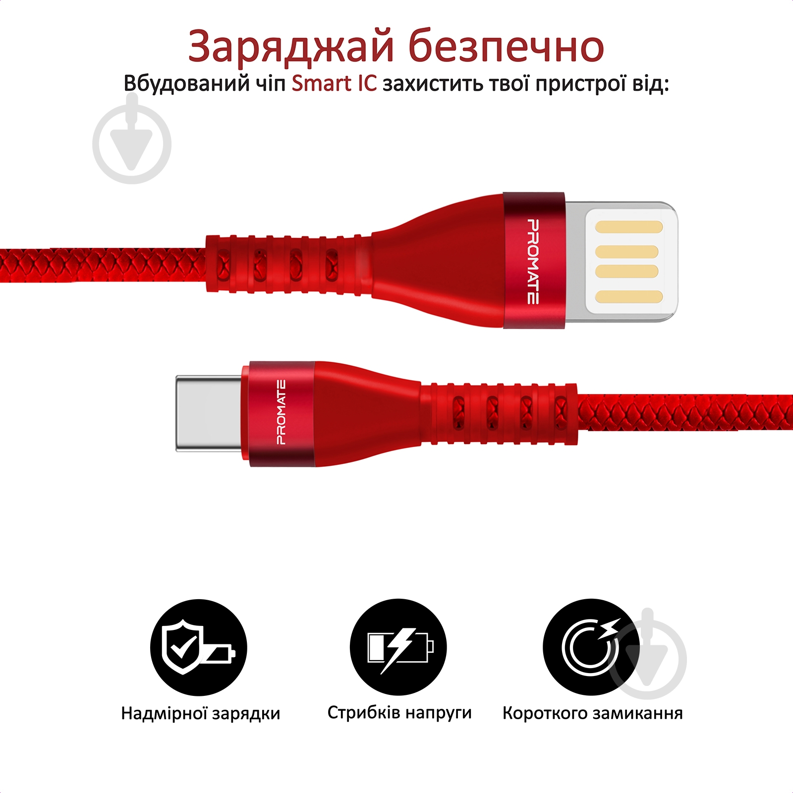 Кабель Promate Vigoray-C USB - USB Type-C 1,2 м червоний (vigoray-c.red) - фото 5