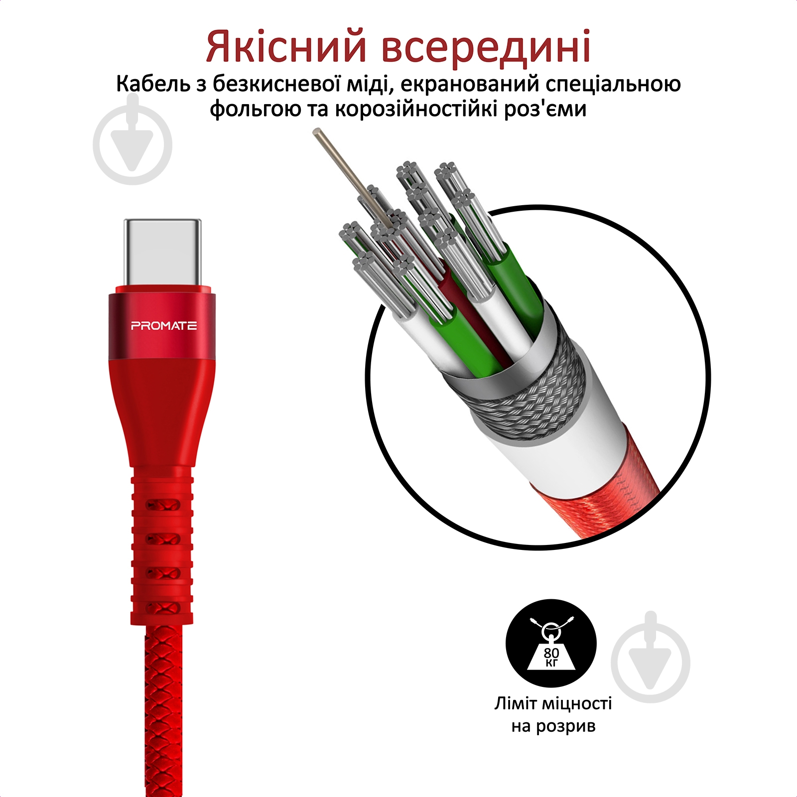 Кабель Promate Vigoray-C USB - USB Type-C 1,2 м червоний (vigoray-c.red) - фото 3