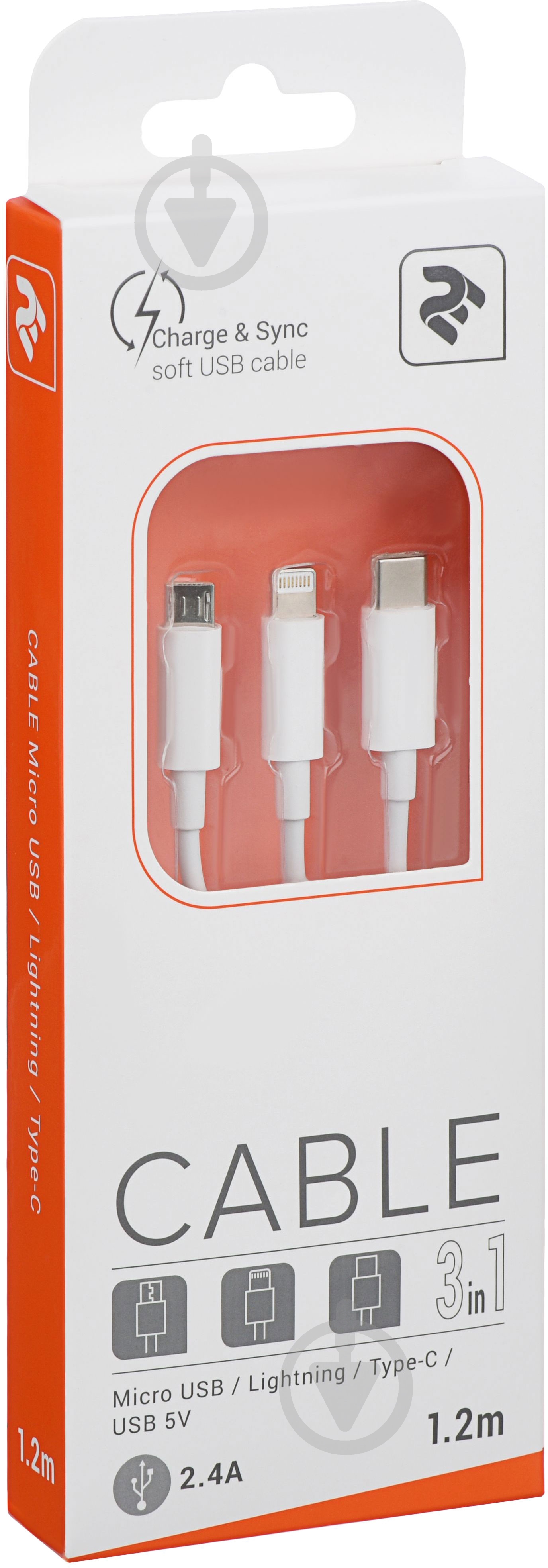 Кабель 2E USB Type-C + microUSB + Apple Lightning – USB 1 м білий (2E-CCMTLAB-WT) 3in1 Data/Charge - фото 3