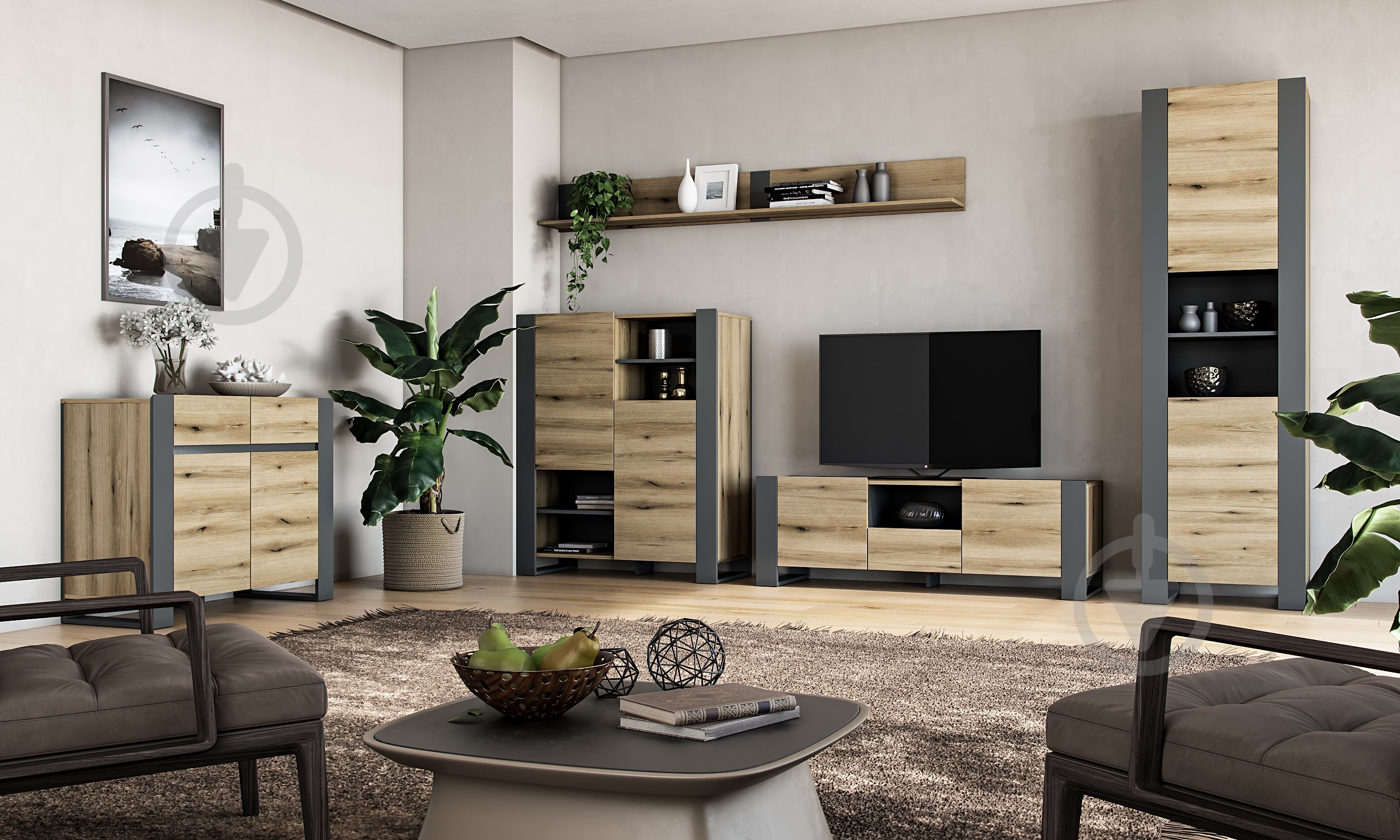 ᐉ Тумба под ТВ Грейд Combo 1400х460х421 мм графит серый/дуб эвок