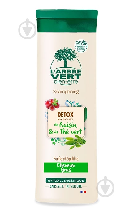Шампунь-детокс L'Arbre Vert для жирного волосся з екстрактами винограду та зеленого чаю 250 мл - фото 1 Шампунь-детокс L'Arbre Vert для жирного волосся з екстрактами винограду та зеленого чаю 250 мл - фото 1