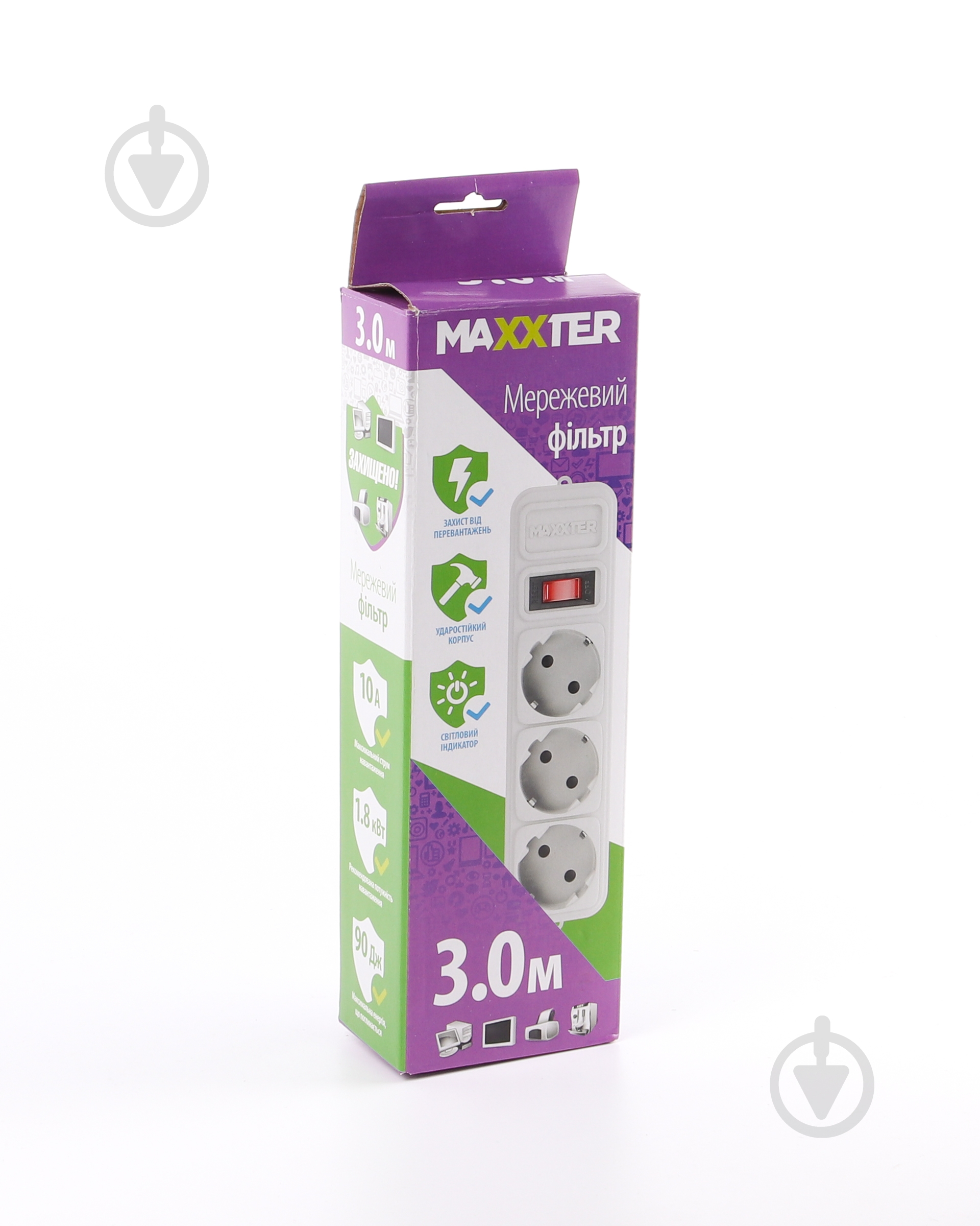 Мережевий фільтр Maxxter 3 м кабель, 3 розетки із заземленням 3 гн. сірий 3 м SPM3-G-10G - фото 2