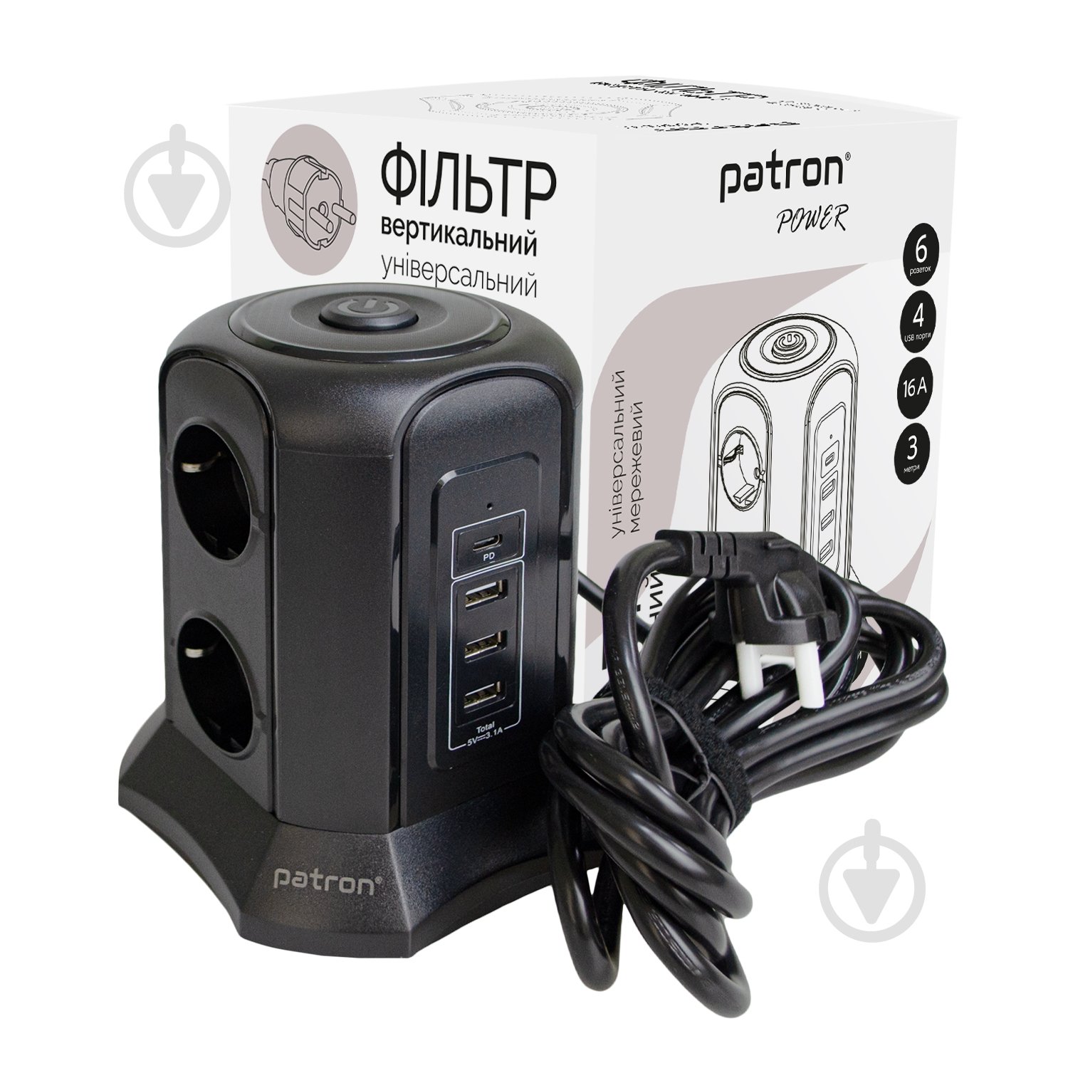 Мережевий фільтр Patron Power 3хUSB 1хUSB-C вежа 16А 250В із заземленням 6 гн. чорний 3 м EXT-PN-SP-1663-USBT - фото 1