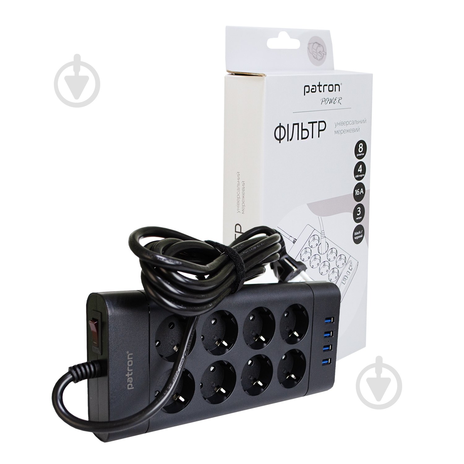 Мережевий фільтр Patron Power 4хUSB 16А 250В із заземленням 8 гн. чорний 3 м EXT-PN-SP-1683-USB - фото 1 Мережевий фільтр Patron Power 4хUSB 16А 250В із заземленням 8 гн. чорний 3 м EXT-PN-SP-1683-USB - фото 1