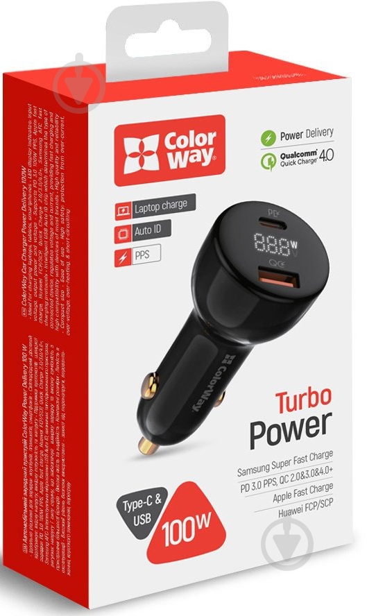 Автомобильное зарядное устройство ColorWay Power Delivery PPS USB (USB-A + USB-C) 100W Black (CW-CHA044PD-BK) - фото 1