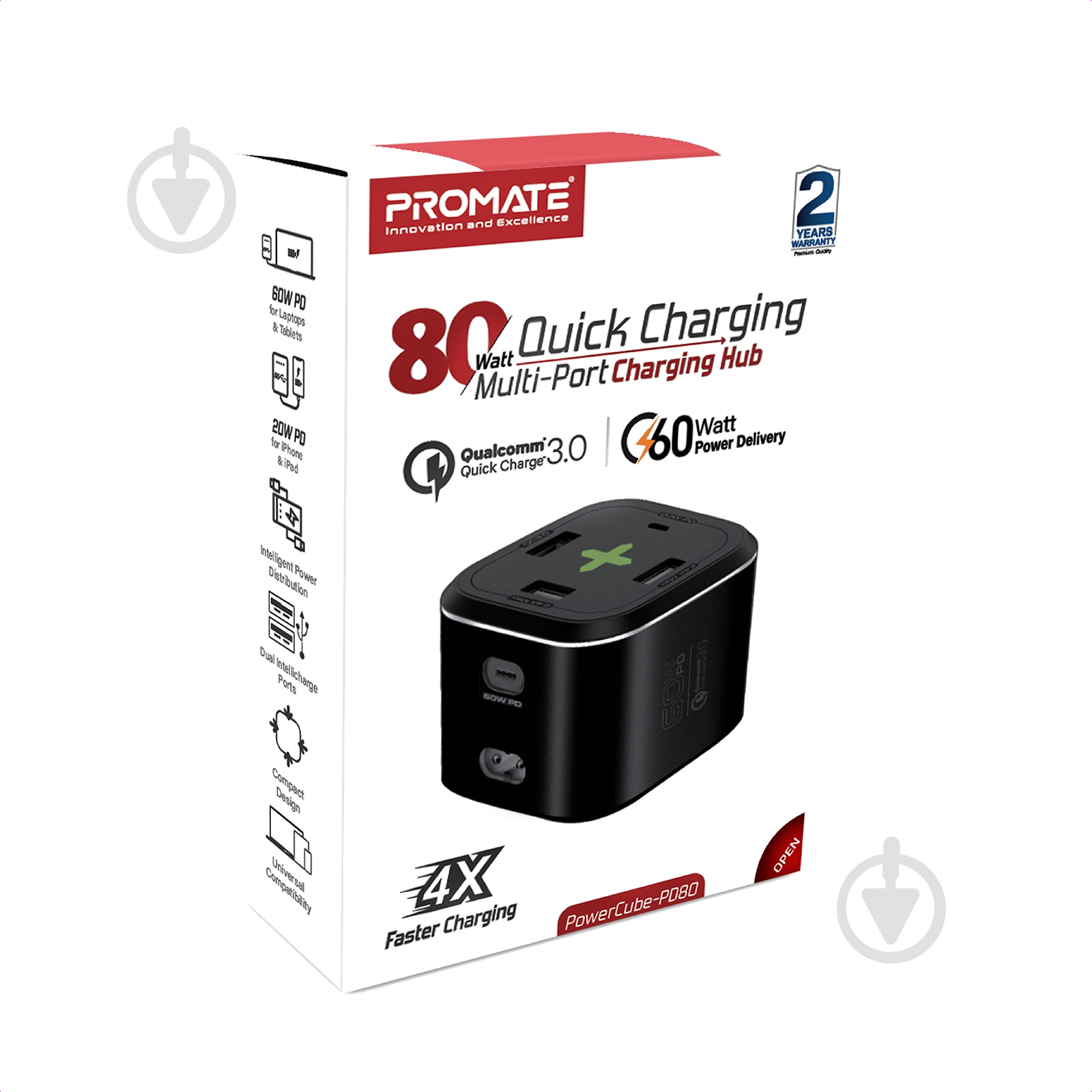 Зарядний пристрій Promate PowerCube-PD80 Вт, 2хUSB-C + 3xUSB-A Black - фото 5