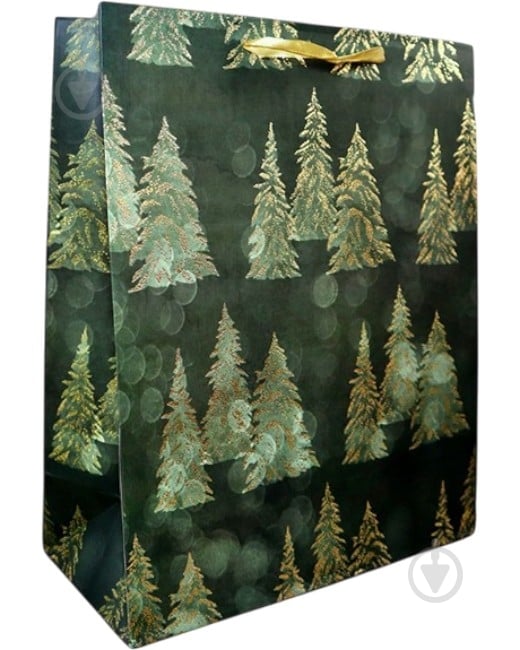 Пакет подарунковий Ялинки в золоті НР 32x44x14 см - фото 1 Пакет подарунковий Ялинки в золоті НР 32x44x14 см - фото 1