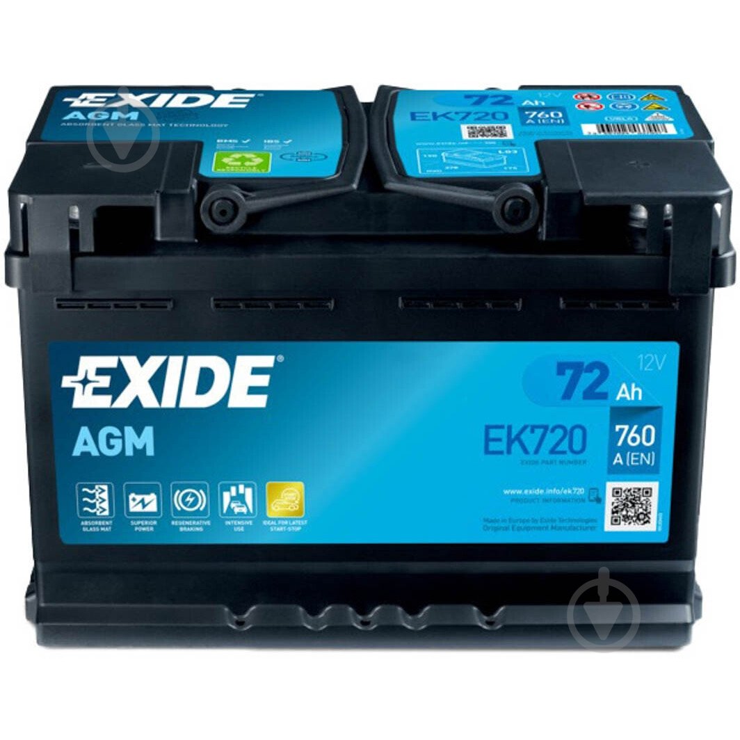 Акумулятор автомобільний EXIDE AGM 72Ah 720A 12V EK720 «+» праворуч (EK720) - фото 1