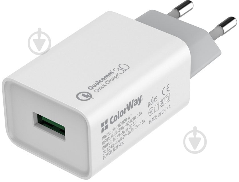 Сетевое зарядное устройство ColorWay 1USB Quick Charge 3.0 18W (CW-CHS013Q-WT) белый - фото 1