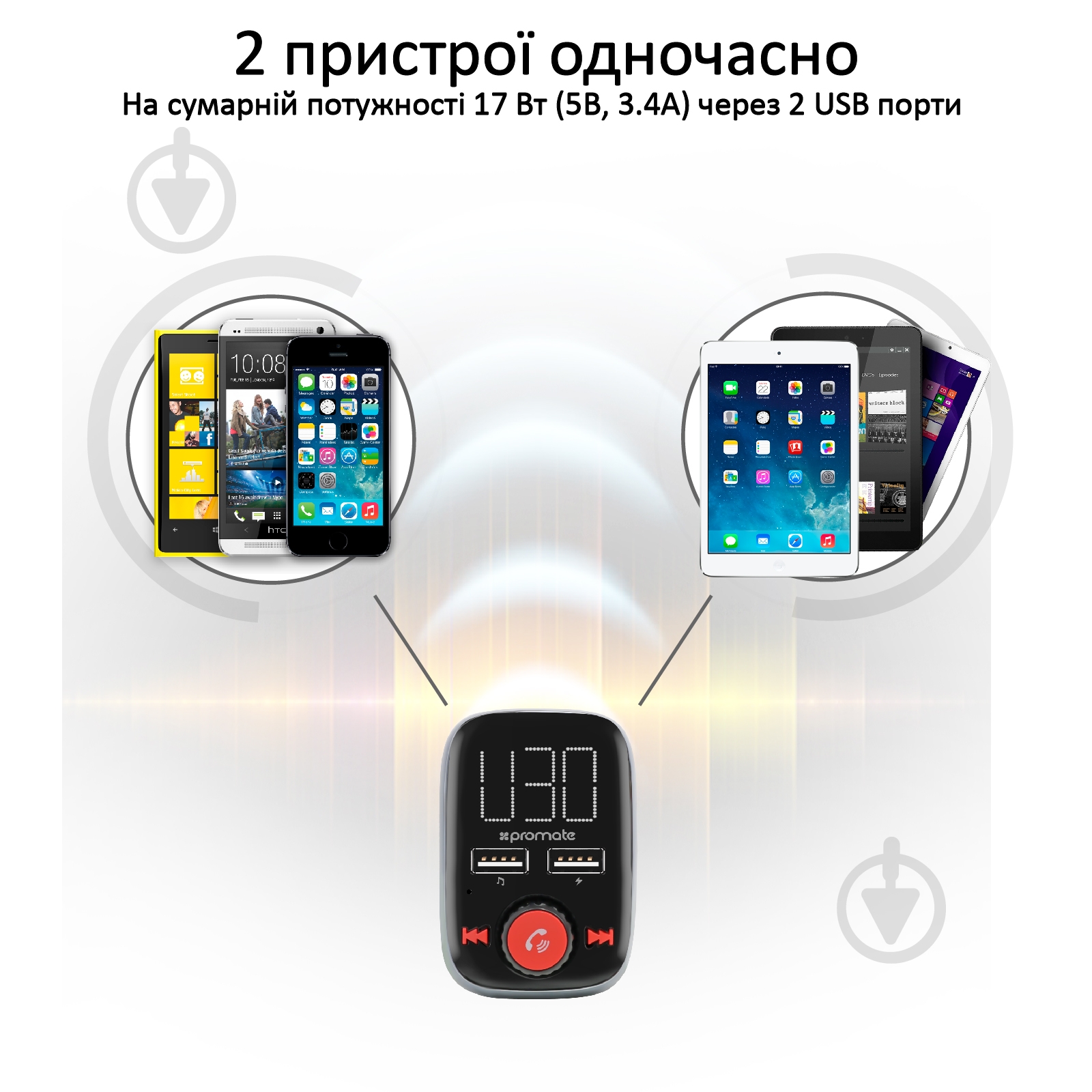FM-трансмиттер Promate SmarTune-3 Bluetooth/AUX/SD/USB 2xUSB 3.4 A Black - фото 4