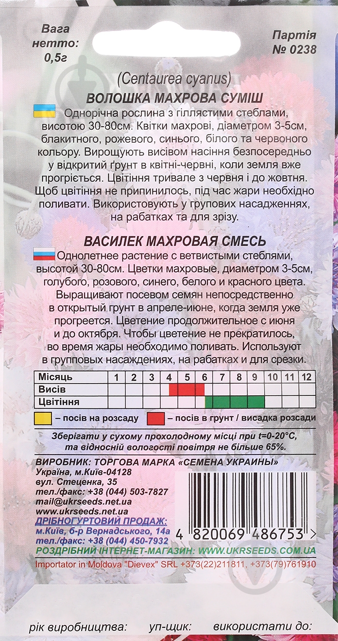 Семена Насіння України василек махровый смесь 0,5 г - фото 2